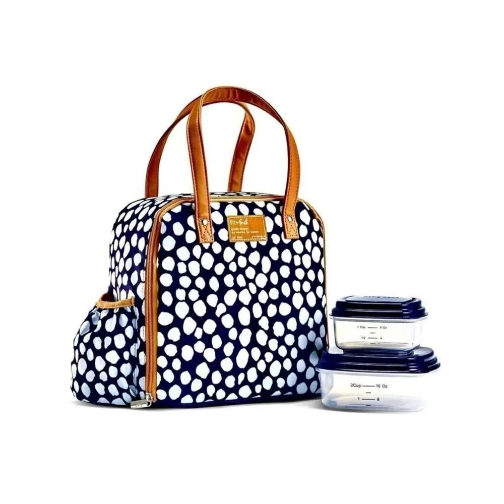NWT Fit & Fresh 3 Pieces Insulated White Navy Tan Lunch Bag & 2 Food Containers